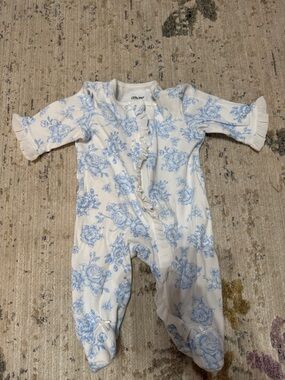Little Me White and Blue Floral Ruffle Footed One-Piece